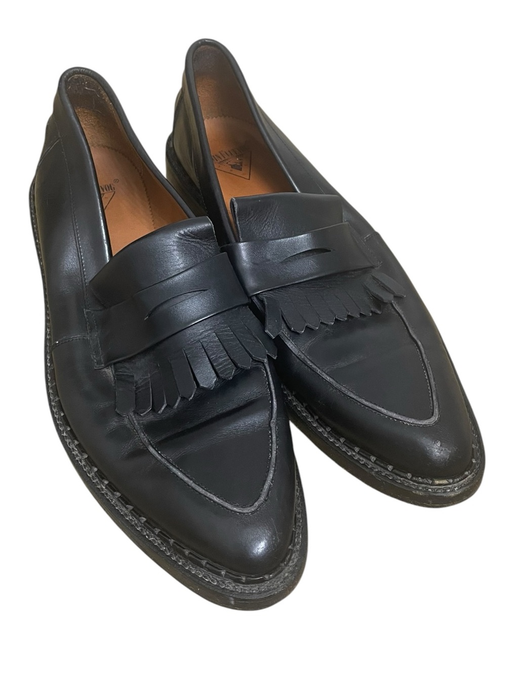 John Fluevog Black Leather Kiltie Fringe Pointed Toe Penny Loafers Men's 11.5